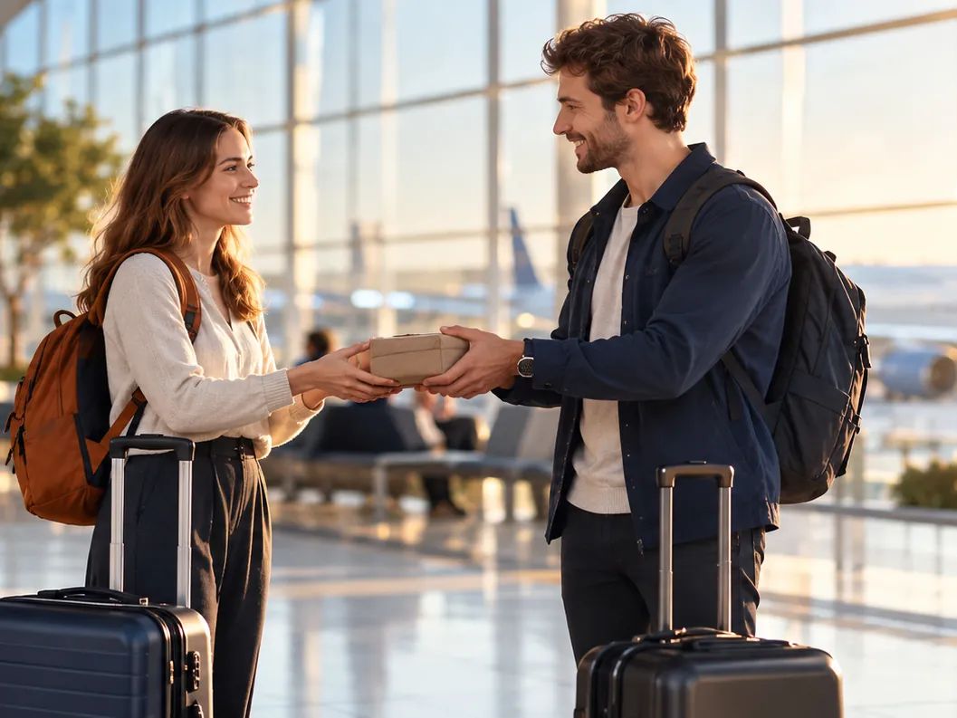 Dans un terminal d'aéroport, une personne confie un petit colis à un voyageur avant son départ