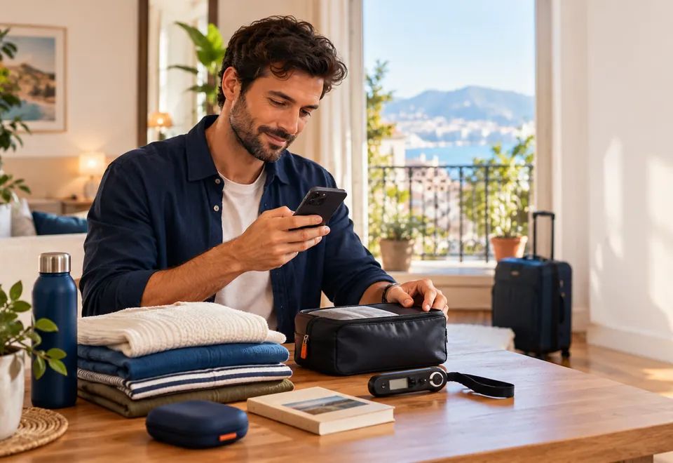 Un homme prépare un petit sac chez lui, avec ses affaires rangées sur la table, et renseigne son envoi sur son téléphone