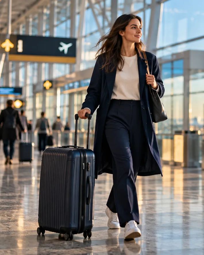 Une voyageuse traverse un terminal d'aéroport avec sa valise, un voyage déjà prévu